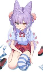 Rule 34 | 1girl, absurdres, blue eyes, blue shirt, blue thighhighs, cone hair bun, double bun, hair bun, heterochromia, highres, long hair, looking at viewer, pom pom (clothes), purple hair, red footwear, red ribbon, red skirt, ribbon, rope, shimenawa, shirt, shoes, short sleeves, simple background, single thighhigh, sitting, skirt, smile, solo, stellive, striped clothes, striped thighhighs, syhan, tenko shibuki, thighhighs, unworn shoes, virtual youtuber, wariza, white background, yellow eyes