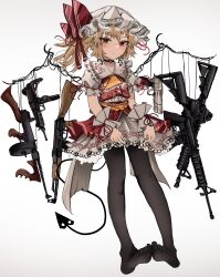 Rule 34 | 1girl, absurdres, ascot, black pantyhose, blonde hair, blush, closed mouth, collared shirt, commentary, feet, flandre scarlet, frilled shirt collar, frills, full body, gun, hat, highres, long hair, mob cap, one side up, ougiikun, pantyhose, red eyes, red skirt, red vest, shirt, simple background, skirt, solo, touhou, vest, weapon, white background, white hat, white shirt, wrist cuffs, yellow ascot