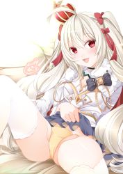 Rule 34 | 1girl, absurdres, ahoge, azur lane, bed, blonde hair, breasts, commentary request, crown, dress, highres, lifted by self, looking at viewer, open mouth, orange panties, origami aya, panties, ponytail, red eyes, signature, small breasts, solo, spread legs, thighhighs, underwear, valiant (azur lane), white background, white thighhighs