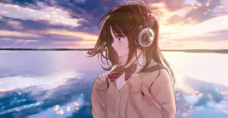 Rule 34 | 1girl, backpack, bag, bow, brown cardigan, brown hair, cardigan, closed mouth, cloud, cloudy sky, collared shirt, commentary request, diagonal stripes, fingernails, hands up, headphones, highres, lake, long hair, long sleeves, original, outdoors, profile, purple eyes, red bow, shirt, sky, sleeves past wrists, solo, striped, tsukigami runa, white shirt