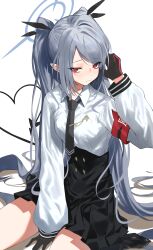 Rule 34 | 1girl, absurdres, armband, black gloves, black necktie, black skirt, blue archive, blush, breasts, demon tail, gloves, grey hair, halo, heart, highres, iori (blue archive), long hair, long sleeves, looking at viewer, nanimo mumumu, necktie, pointy ears, red armband, red eyes, school uniform, shirt, simple background, sitting, skirt, small breasts, solo, tail, twintails, very long hair, wariza, white background, white shirt