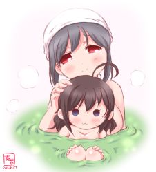 Rule 34 | 10s, 2girls, :3, ahoge, alternate hairstyle, bare shoulders, bathing, black hair, blue eyes, blush, blush stickers, breasts, brown hair, child, collarbone, commentary request, dated, hair down, hand on another&#039;s head, hands on own knees, highres, kanon (kurogane knights), kantai collection, large breasts, multiple girls, partially submerged, headpat, red eyes, shigure (kancolle), short hair, smile, steam, water, yamashiro (kancolle), aged down