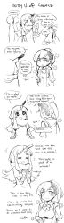 Rule 34 | 2girls, bandages, blush, character name, character profile, comic, english text, flower, ge-b, greyscale, highres, injury, knife in head, monochrome, multiple girls, object through head, original, school uniform, sketch, smile, tearing up, turn pale, wavy mouth