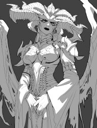 Rule 34 | 1girl, absurdres, armlet, armor, between breasts, breasts, commentary, cowboy shot, curled horns, demon girl, demon horns, demon wings, diablo (series), diablo 4, dress, earrings, english commentary, facial mark, fingernails, head tilt, highres, horns, jewelry, lilith (diablo), lineart, long sleeves, looking at viewer, medium breasts, monochrome, monster girl, multiple horns, ori dal, own hands together, pauldrons, plunging neckline, shoulder armor, simple background, solo, torn wings, underbust, veins, wide sleeves, wings, zipper