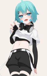 Rule 34 | 1girl, :d, ahoge, aqua hair, bad id, bad twitter id, belt, black gloves, black shirt, black shorts, blue eyes, character request, check copyright, copyright request, cowboy shot, crop top, crop top overhang, elbow gloves, fang, fingerless gloves, gloves, hair ornament, hairclip, hand up, headphones, headphones around neck, highres, looking at viewer, midriff, mokew, navel, open mouth, original, shirt, short hair, short shorts, short sleeves, shorts, simple background, smile, solo, stomach, thighhighs, undershirt, white background, white shirt