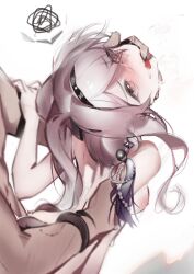 Rule 34 | 1boy, 1girl, arknights, blush, breasts, completely nude, dark-skinned male, dark skin, finger in another&#039;s mouth, from side, hair intakes, hair ornament, hand on another&#039;s arm, head back, heavy breathing, hetero, highres, lifting person, lin (arknights), long hair, looking at viewer, nipples, nose blush, nude, out of frame, pink eyes, pink hair, raised eyebrows, ribiadan, saliva, sex, sex from behind, sidelocks, simple background, small breasts, solo focus, squiggle, upper body, white background