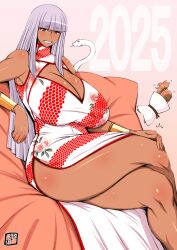 1girl breasts chinese_zodiac dark-skinned_female dark_skin donson huge_breasts long_hair smile year_of_the_snake