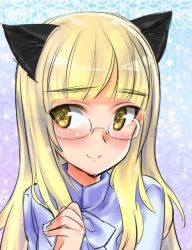 Rule 34 | 1girl, animal ears, aohashi ame, blonde hair, blue shirt, blush, cat ears, closed mouth, glasses, gradient background, long hair, looking at viewer, perrine h. clostermann, portrait, shirt, sketch, smile, solo, strike witches, upper body, world witches series, yellow eyes