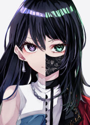 Rule 34 | 2girls, absurdres, aqua eyes, bang dream!, bang dream! it&#039;s mygo!!!!!, black hair, black mask, chain, chain necklace, closed mouth, commentary request, earrings, frown, grey background, highres, jewelry, long hair, looking at viewer, mask, mouth mask, multiple girls, necklace, nuruponnu, purple eyes, red shirt, shiina taki, shirt, simple background, sleeveless, sleeveless shirt, split theme, upper body, white shirt, yahata umiri