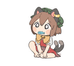 Rule 34 | 1girl, animal ears, barefoot, blush stickers, bow, bowtie, brown hair, cat ears, cat tail, chen, chibi, citrus (place), earrings, fish, full body, jewelry, mouth hold, multiple tails, nekomata, o o, red skirt, red vest, short hair, simple background, single earring, skirt, skirt set, solo, tail, touhou, two tails, vest, white background, yellow bow, yellow bowtie