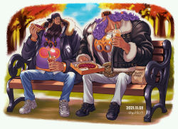 Rule 34 | 2boys, alternate costume, autumn, bag, bara, baseball cap, beard, belt, black hair, casual, chewing, contemporary, cup, curly hair, dated, day, denim, earrings, eating, facial hair, food, food on face, fur, fur-trimmed sleeves, fur trim, hat, highres, holding, holding cup, jacket, jeans, jesus burgess, jewelry, large pectorals, long hair, long sleeves, looking at another, male focus, marshall d. teach, mask, multiple boys, muscular, muscular male, one piece, open clothes, open jacket, outdoors, pants, pectorals, pie, purple hair, shirt, shoes, side-by-side, sitting, smile, sweater, twitter username, wrestling mask, youkan (tako)
