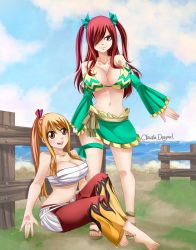 Rule 34 | 2girls, arm tattoo, artist name, ass, bandages, barefoot, blonde hair, blue sky, bra, breasts, brown eyes, claudia dragneel, cleavage, closed mouth, cloud, collarbone, cosplay, costume switch, detached sleeves, erza scarlet, facing viewer, fairy tail, feet, fence, flame print, grass, hair over one eye, hair ribbon, hair tie, hand tattoo, happy, high ponytail, highres, large breasts, long hair, looking at viewer, lucy heartfilia, multiple girls, navel, one eye covered, open mouth, outdoors, pants, ponytail, red hair, ribbon, sandals, sitting, skirt, sky, smile, standing, tattoo, teeth, tongue, twintails, underwear, water