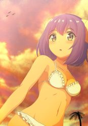 Rule 34 | 1girl, bird, blush, breasts, character request, cleavage, cloud, hair ornament, kayama kenji, looking at viewer, medium breasts, navel, open mouth, palm tree, purple hair, short hair, solo, swimsuit, tree, yellow eyes