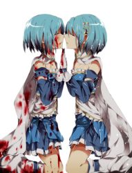 Rule 34 | 2girls, bad id, bad pixiv id, blood, blood on clothes, blood on face, blue hair, blue shirt, blue skirt, boots, cape, closed eyes, detached sleeves, face-to-face, fortissimo, gloves, hair ornament, highres, hiiragi fuyuki, kneeling, mahou shoujo madoka magica, mahou shoujo madoka magica (anime), miki sayaka, miniskirt, multiple girls, musical note, musical note hair ornament, pleated skirt, shirt, short hair, simple background, skirt, strapless, tears, white background, white cape, white footwear, white gloves