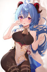 Rule 34 | 1girl, absurdres, ahoge, bare arms, bare shoulders, bell, blue hair, bodystocking, breasts, cowbell, curled horns, ganyu (genshin impact), genshin impact, goat horns, gold trim, hair between eyes, hands up, highres, horns, huge filesize, large breasts, long hair, looking at viewer, munseonghwa, parted lips, pelvic curtain, purple eyes, solo, thighs
