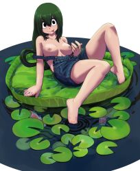 Rule 34 | 1girl, alternate costume, animal, asui tsuyu, bare shoulders, barefoot, black eyes, boku no hero academia, breasts, closed mouth, collarbone, fish, grey background, hair between eyes, koi, large breasts, lily pad, long hair, nipples, overall shorts, overalls, shiny skin, simple background, soaking feet, solo, thighs, tongue, tongue out, water, wokue