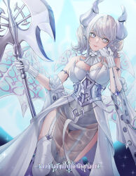Rule 34 | 1girl, bare shoulders, breasts, character name, cleavage, demon girl, demon horns, demon wings, dress, duel monster, earrings, full moon, garter straps, gloves, green eyes, grey hair, halberd, highres, holding, holding polearm, holding weapon, horns, jewelry, large breasts, leotard, looking at viewer, lovely labrynth of the silver castle, me ao (many blue leaves), moon, pointy ears, polearm, see-through, smile, solo, strapless, strapless dress, thighhighs, transparent wings, twintails, weapon, white dress, white gloves, white leotard, white thighhighs, wings, yu-gi-oh!