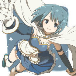 Rule 34 | 10s, 1girl, blue eyes, blue hair, cape, elbow gloves, frills, gecco knight, gloves, magical girl, mahou shoujo madoka magica, mahou shoujo madoka magica (anime), matching hair/eyes, miki sayaka, miki sayaka (magical girl), open mouth, short hair, skirt, smile, solo, thighhighs, white thighhighs