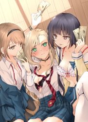 Rule 34 | 3girls, arm up, banknote, black bra, black hair, black hairband, blonde hair, blue jacket, blue skirt, blush, bra, bracelet, brown hair, closed mouth, collarbone, collared shirt, crossed legs, dress shirt, embarrassed, from above, green eyes, hairband, highres, holding, jacket, jewelry, long hair, long sleeves, lying, miniskirt, money, multiple girls, navel, neck ribbon, on back, open clothes, open shirt, orico, original, oriko (nicolai), partially unbuttoned, pink eyes, plaid, plaid skirt, pleated skirt, red ribbon, ribbon, shirt, short hair, skirt, sweatdrop, thighhighs, tongue, tongue out, underwear, very long hair, white bra, white shirt, white thighhighs, wing collar, yellow eyes, zettai ryouiki