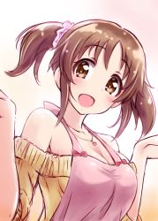 Rule 34 | 10s, 1girl, :d, apron, bare shoulders, blush, breasts, brown eyes, brown hair, cleavage, collarbone, hair ornament, highres, idolmaster, idolmaster cinderella girls, jewelry, large breasts, looking at viewer, open mouth, satogo, smile, solo, totoki airi, twintails