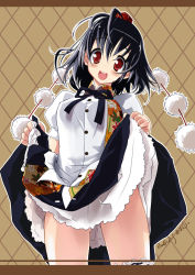 Rule 34 | 1girl, argyle, argyle background, argyle clothes, black hair, blush, clothes lift, dress, dress lift, female focus, hat, highres, lifting own clothes, long hair, looking at viewer, mahan (clock hearts), open mouth, red eyes, shameimaru aya, short hair, skirt, skirt lift, smile, solo, touhou