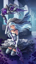 Rule 34 | 1girl, blue hair, bow, breasts, bridal veil, closed mouth, commentary request, dress, elbow gloves, flower, frilled bow, frilled dress, frills, full body, gloves, gradient dress, grey bow, grey dress, grey thighhighs, holding, holding scythe, indoors, jewelry, long hair, looking at viewer, medium breasts, natsuya (kuttuki), necklace, purple flower, purple footwear, purple rose, red eyes, rose, scythe, shoes, sitting, smile, solo, strapless, strapless dress, thighhighs, veil, venus blade, wariza, white dress, white gloves