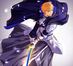 Rule 34 | 1boy, absurdres, armor, arthur pendragon (fate), bad id, bad pixiv id, blonde hair, blue cape, cape, excalibur (fate/prototype), fate/prototype, fate (series), gauntlets, green eyes, grey skirt, highres, holding, holding sword, holding weapon, long skirt, loon 7774, male focus, pauldrons, shoulder armor, skirt, solo, spiked hair, sword, two-handed, weapon