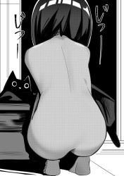 Rule 34 | 1girl, animal, ass, back, bad id, bad twitter id, barefoot, cat, commentary request, dark-skinned female, dark skin, faceless, faceless female, facing away, from behind, full body, greyscale, inactive account, indoors, monochrome, nude, original, solo, squatting, surio, translated