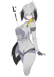 Rule 34 | 10s, 1girl, black gloves, blush, breasts, closed mouth, commentary, cropped legs, fingerless gloves, gloves, green eyes, grey hair, grey jacket, grey pantyhose, grey shorts, hair between eyes, hair over one eye, highres, jacket, jikatarou, jitome, kemono friends, large breasts, layered sleeves, long hair, long sleeves, looking at viewer, multicolored hair, necktie, pantyhose, ponytail, shoebill (kemono friends), short over long sleeves, short sleeves, shorts, simple background, solo, standing, staring, white background, white necktie