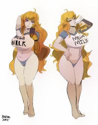 Rule 34 | 1girl, absurdres, ahoge, blonde hair, breasts, curvy, drinking, highres, large breasts, lips, long hair, looking at viewer, mega milk, milk, mysterkafkaart, navel, open mouth, panties, parted lips, phone, prosthesis, prosthetic arm, purple eyes, rwby, short sleeves, standing, stomach, thick thighs, thighs, underwear, very long hair, white background, wide hips, yang xiao long