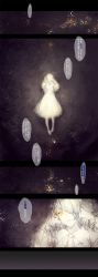 Rule 34 | 1girl, abstract background, bad id, bad pixiv id, comic, creepy, dress, fabri, highres, horror (theme), long hair, looking at viewer, original, pixiv fantasia, pixiv fantasia fallen kings, smile, solo, translation request, yellow eyes