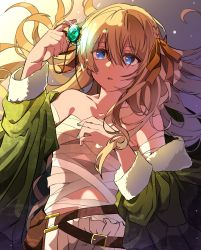 Rule 34 | 1girl, backlighting, bad id, bad pixiv id, bandaged arm, bandages, bare arms, bare shoulders, belt, blonde hair, blue eyes, bouquetforangel, braid, brooch, brown belt, brown ribbon, collarbone, expressionless, eyelashes, facing viewer, fanny pack, fingernails, french braid, from above, fur trim, gem, glint, glowing, green gemstone, hair between eyes, hair down, hair ribbon, hand on own chest, hand up, highres, holding, holding jewelry, jewelry, light particles, light rays, long hair, lying, messy hair, midriff peek, on back, on floor, parted lips, ribbon, sarashi, solo, tareme, upper body, violet evergarden, violet evergarden (series)