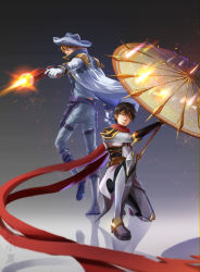 Rule 34 | 2boys, absurdres, armor, black hair, blonde hair, blue cape, blue eyes, cape, cloud piercer, gloves, grey background, gun, highres, holster, kneeling, lanxiaohei, looking at viewer, lord grim, male focus, multiple boys, on one knee, pocket, quan zhi gao shou, red scarf, scarf, standing, umbrella, weapon, white gloves
