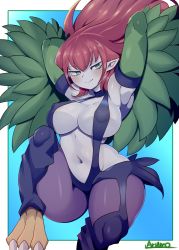 Rule 34 | 1girl, armpits, arms up, bad id, bad pixiv id, blue background, breasts, cleavage, colored skin, covered erect nipples, duel monster, feathered wings, feathers, green eyes, green feathers, harpie lady, harpie lady #1, harpie lady 1, highres, knee up, long hair, monster girl, navel, pointy ears, red hair, ryuusui arumo, sharp claws, sideboob, signature, solo, talons, winged arms, wings, yu-gi-oh!