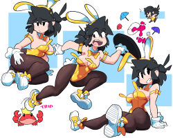 Rule 34 | 1girl, animal ears, black eyes, black hair, black pantyhose, bow, bowtie, breasts, cleavage, crab, detached collar, fake animal ears, fake tail, gloves, hairband, highres, leotard, looking at viewer, lucia (scott malin), medium breasts, multiple views, original, pantyhose, photoshop (medium), playboy bunny, rabbit ears, rabbit tail, scott malin, shoes, sideboob, sitting, sneakers, strapless, strapless leotard, tail, tray, tripping, umbrella, white gloves, wrist cuffs, yellow bow, yellow bowtie, yellow footwear, yellow hairband, yellow leotard