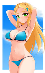 Rule 34 | 1girl, :o, armpits, arms up, ayatori (aytr), bikini, blonde hair, blue bikini, blue sky, blush, border, braid, breasts, cleavage, commentary request, cowboy shot, crown braid, day, forehead, green eyes, halterneck, highres, large breasts, long hair, looking at viewer, navel, nintendo, open mouth, outdoors, outside border, pointy ears, princess zelda, revision, sidelocks, skindentation, sky, solo, stomach, string bikini, swimsuit, the legend of zelda, the legend of zelda: breath of the wild, white border