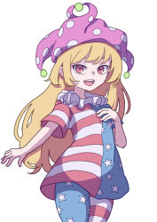 Rule 34 | 1girl, :d, absurdres, american flag, american flag legwear, american flag shirt, blonde hair, clownpiece, cowboy shot, eyebrows hidden by hair, frilled shirt collar, frills, hand on own chest, hat, highres, jester cap, kame (kamepan44231), long hair, looking at viewer, neck ruff, no wings, one-hour drawing challenge, open mouth, pantyhose, polka dot, polka dot headwear, purple hat, red eyes, shirt, short sleeves, simple background, smile, solo, standing, star (symbol), star print, striped clothes, striped pantyhose, striped shirt, touhou, white background
