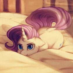 Rule 34 | 1girl, bed sheet, blue eyes, docnyaka, highres, horns, indoors, looking at viewer, my little pony, my little pony: friendship is magic, on bed, purple hair, rarity (my little pony), single horn, solo, unicorn, white fur