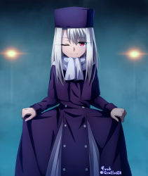 Rule 34 | 1girl, ;), anime coloring, blurry, blurry background, coat, coat dress, fate/stay night, fate (series), fur hat, gyatto624, hair between eyes, hat, highres, illyasviel von einzbern, long eyelashes, long hair, long sleeves, looking at viewer, night, one eye closed, outdoors, papakha, purple coat, purple hat, red eyes, scarf, silver hair, skirt hold, smile, solo, standing, straight hair, twitter username, white scarf