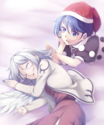 Rule 34 | 2girls, backlighting, beige jacket, black dress, blue eyes, blue hair, colored eyelashes, doremy sweet, dress, closed eyes, hand in another&#039;s hair, hand on own cheek, hand on own face, hat, kishin sagume, light, long sleeves, lying, midorino eni, multicolored clothes, multicolored dress, multiple girls, nightcap, on side, on stomach, open mouth, parted lips, pom pom (clothes), puffy short sleeves, puffy sleeves, purple dress, short hair, short sleeves, silver hair, single wing, smile, touhou, white dress, white wings, wings