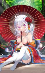 Rule 34 | 1girl, ahoge, blue hair, blush, breasts, cleavage, closed mouth, commentary request, day, flower, frills, hair between eyes, hair flower, hair ornament, highres, holding, holding umbrella, interlocked fingers, kamioka shun&#039;ya, large breasts, long sleeves, looking at viewer, multicolored hair, no shoes, oil-paper umbrella, original, outdoors, own hands clasped, own hands together, purple eyes, red flower, red rose, red umbrella, rose, sitting, smile, solo, streaked hair, thighhighs, tree, umbrella, white hair, white thighhighs, wide sleeves