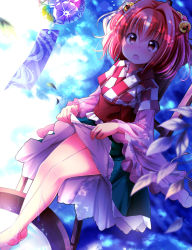 Rule 34 | 1girl, barefoot, bell, blush, checkered clothes, checkered kimono, hair bell, hair ornament, japanese clothes, kimono, looking at viewer, motoori kosuzu, open mouth, red eyes, red hair, short hair, sitting, soaking feet, solo, sui. (ayase), touhou, twintails, two side up, water, wind chime
