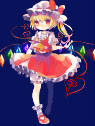 Rule 34 | 1girl, ascot, bat wings, blonde hair, crystal, flandre scarlet, full body, hat, hat ribbon, hiyuu (hiyualice), laevatein (touhou), mob cap, multicolored wings, one side up, puffy short sleeves, puffy sleeves, red eyes, red skirt, red vest, ribbon, short sleeves, side ponytail, skirt, skirt set, solo, star (symbol), teeth, touhou, upper teeth only, vest, white hat, wings, yellow ascot