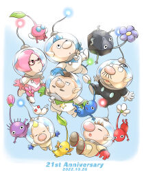 Rule 34 | 1girl, 5boys, :o, absurdres, alph (pikmin), anniversary, aogaeru (pixiv46613656), badge, big nose, blonde hair, blue background, blue gloves, blue hair, brittany (pikmin), brown hair, charlie (pikmin), closed eyes, closed mouth, commentary request, dated, facial hair, flower, freckles, glasses, gloves, green gloves, helmet, highres, jitome, leaf, louie (pikmin), multiple boys, mustache, nintendo, olimar, open mouth, pikmin (creature), pikmin (series), pink-framed eyewear, pink flower, pink gloves, pink hair, pointy ears, president (pikmin), purple flower, radio antenna, red gloves, short hair, simple background, space helmet, spacesuit, star (symbol), whistle, white background, white flower, white gloves