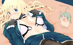 Rule 34 | 10s, 1girl, atago (kancolle), blonde hair, blue eyes, blush, bra, breasts, damage control crew (kancolle), gloves, hat, ishikkoro, kantai collection, large breasts, long hair, long sleeves, looking at viewer, lying, military, military uniform, navel, on back, open bra, open clothes, open shirt, pantyhose, personification, shirt, solo, underwear, uniform, | |, || ||