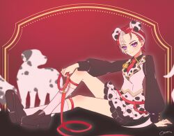 Rule 34 | 1girl, androgynous, animal ears, arm support, black shirt, brown footwear, closed mouth, collar, collared shirt, dalmatian, dalmatian print, dog, dog ears, fake animal ears, full body, gradient background, grey hair, grey skirt, grey vest, highres, holding, holding collar, kneehighs, leash, loafers, long sleeves, looking at viewer, momokan (mmkn100), multicolored hair, necktie, pretty series, puffy long sleeves, puffy sleeves, purple eyes, red background, red hair, red necktie, shirt, shoes, sitting, skirt, smile, socks, solo, streaked hair, sumeragi amane (pretty series), sumeragi amane (pretty series) (primagista), vest, waccha primagi!