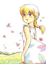 Rule 34 | 1980s (style), 1girl, artist request, bare shoulders, blonde hair, blue eyes, blush stickers, braid, braided ponytail, child, commentary request, cowboy shot, dress, falling petals, floral print, flower, grass, katri girl of meadows, katri ukonniemi, long hair, looking afar, looking away, looking to the side, makiba no shoujo katri, meadow, nippon animation, oldschool, outdoors, petals, retro artstyle, sleeveless, sleeveless dress, solo, standing, sundress, tree, world masterpiece theater