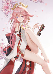 Rule 34 | 1girl, absurdres, animal ears, bare legs, bare shoulders, barefoot, cherry blossoms, commentary request, daidai (318706698), detached sleeves, earrings, foot out of frame, fox ears, genshin impact, highres, holding, holding clothes, holding footwear, jewelry, knee up, long hair, long sleeves, nontraditional miko, petals, pink hair, purple eyes, sandals, shirt, sleeveless, sleeveless shirt, solo, thighs, very long hair, white shirt, wide sleeves, yae miko