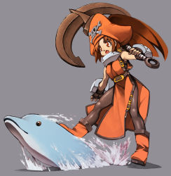 Rule 34 | 1girl, anchor, arc system works, brown eyes, brown hair, dolphin, fang, fingerless gloves, gloves, guilty gear, hat, may (guilty gear), orange hat, orange shirt, pantyhose, pirate, pirate hat, shirt, skull and crossbones, solo, ysk!