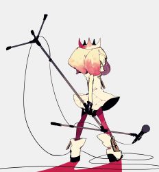 Rule 34 | 1girl, ankle boots, black gloves, boots, crown, dress, facing away, from behind, gloves, grey background, higa423, pearl (splatoon), holding, knee boots, looking at viewer, looking back, microphone, nintendo, pantyhose, shadow, shoes, short dress, simple background, sleeveless, solo, splatoon (series), standing, tentacles, tentacle hair, white dress, white footwear